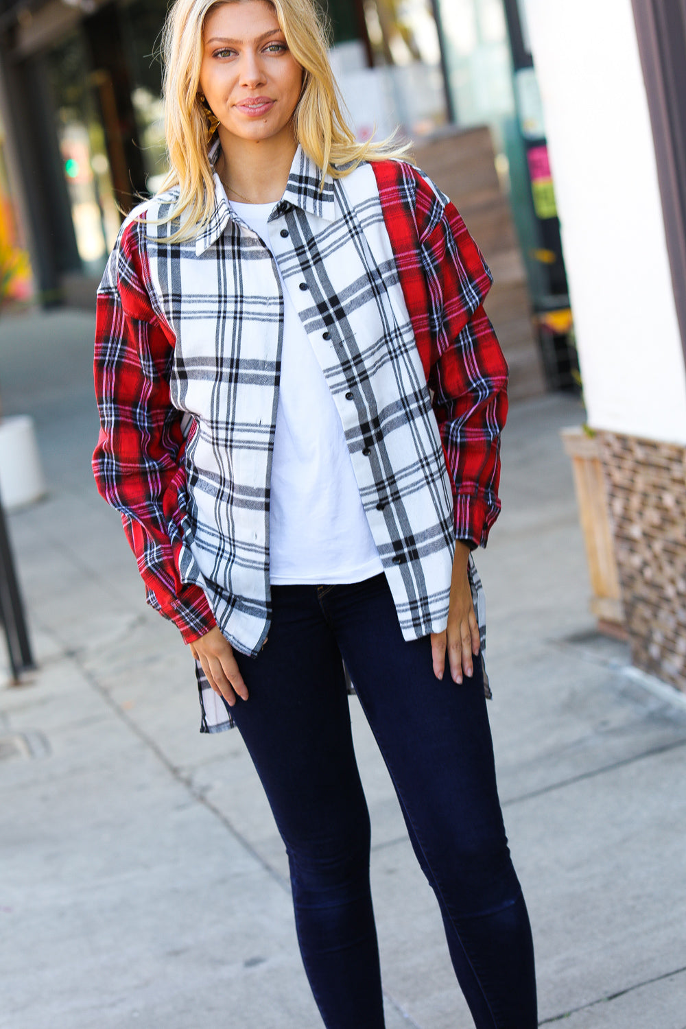 Red & White Plaid Color Block Hi Lo Shacket