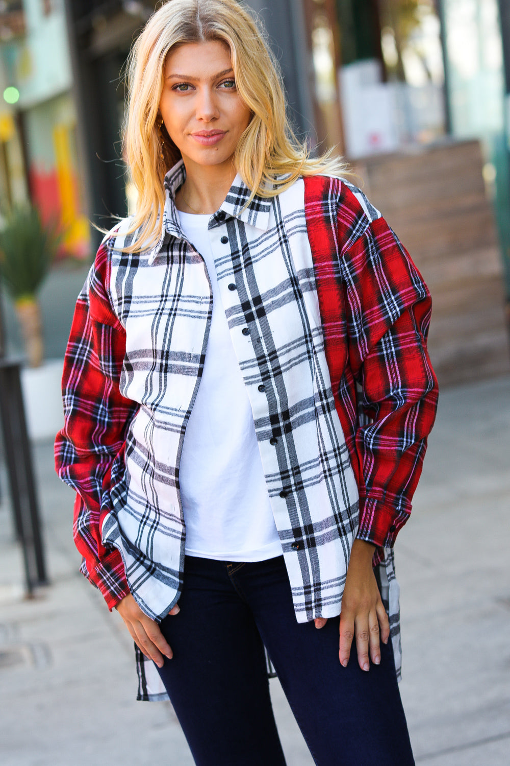 Red & White Plaid Color Block Hi Lo Shacket