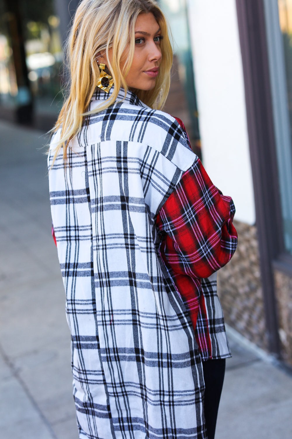 Red & White Plaid Color Block Hi Lo Shacket