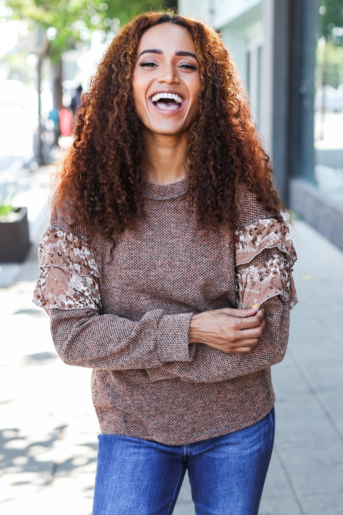 Brown Two Tone Knit Floral Frill Detail Sweater