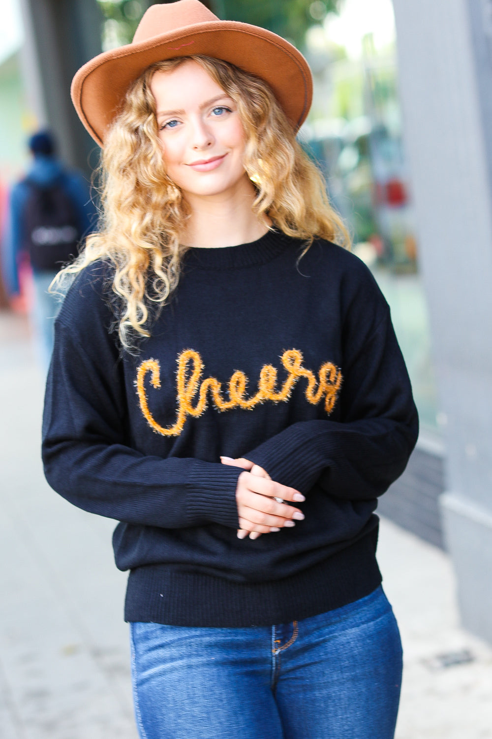 Black Embroidery "Cheers" Oversized Knit Top