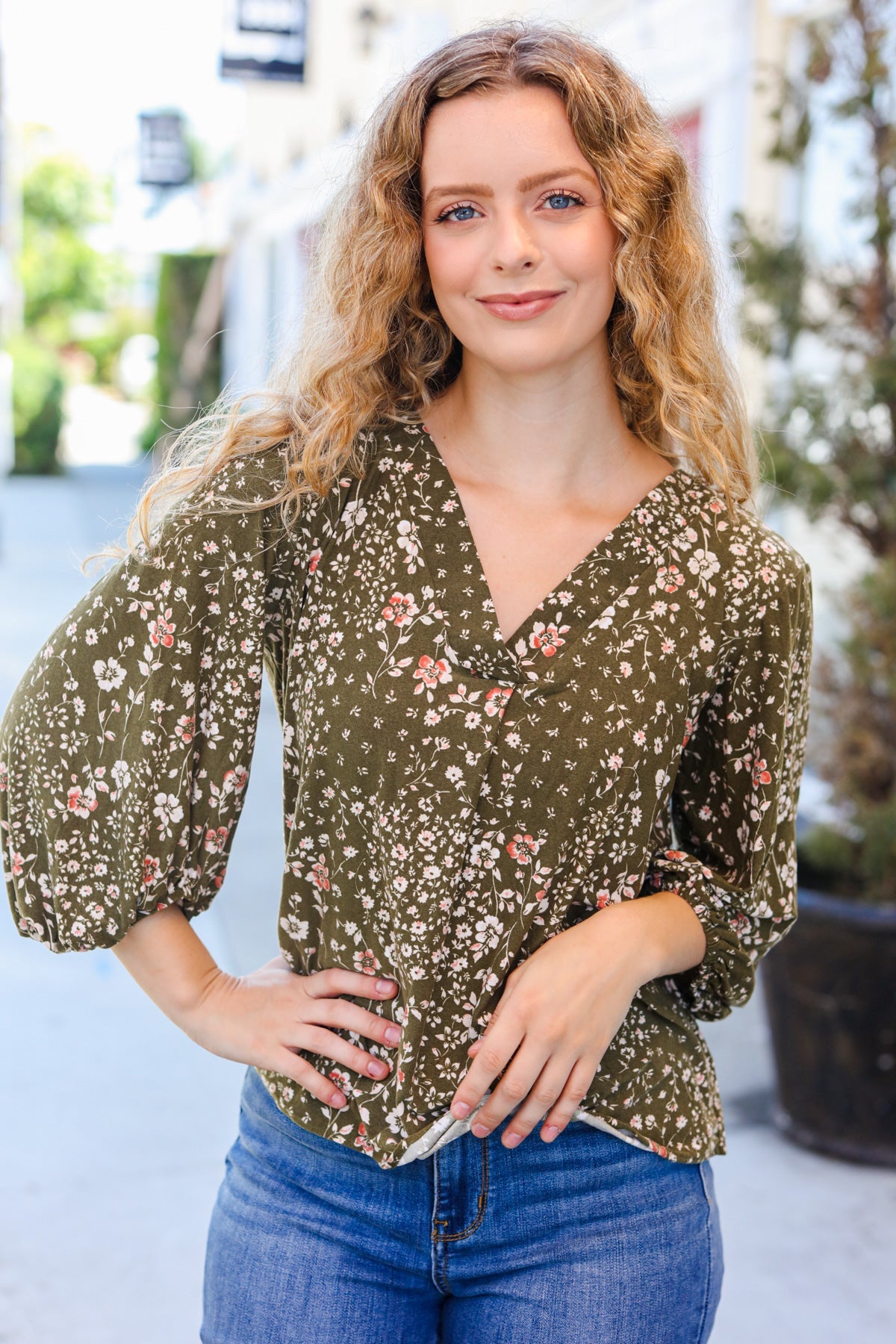 Olive Floral V Neck Bubble Sleeve Top