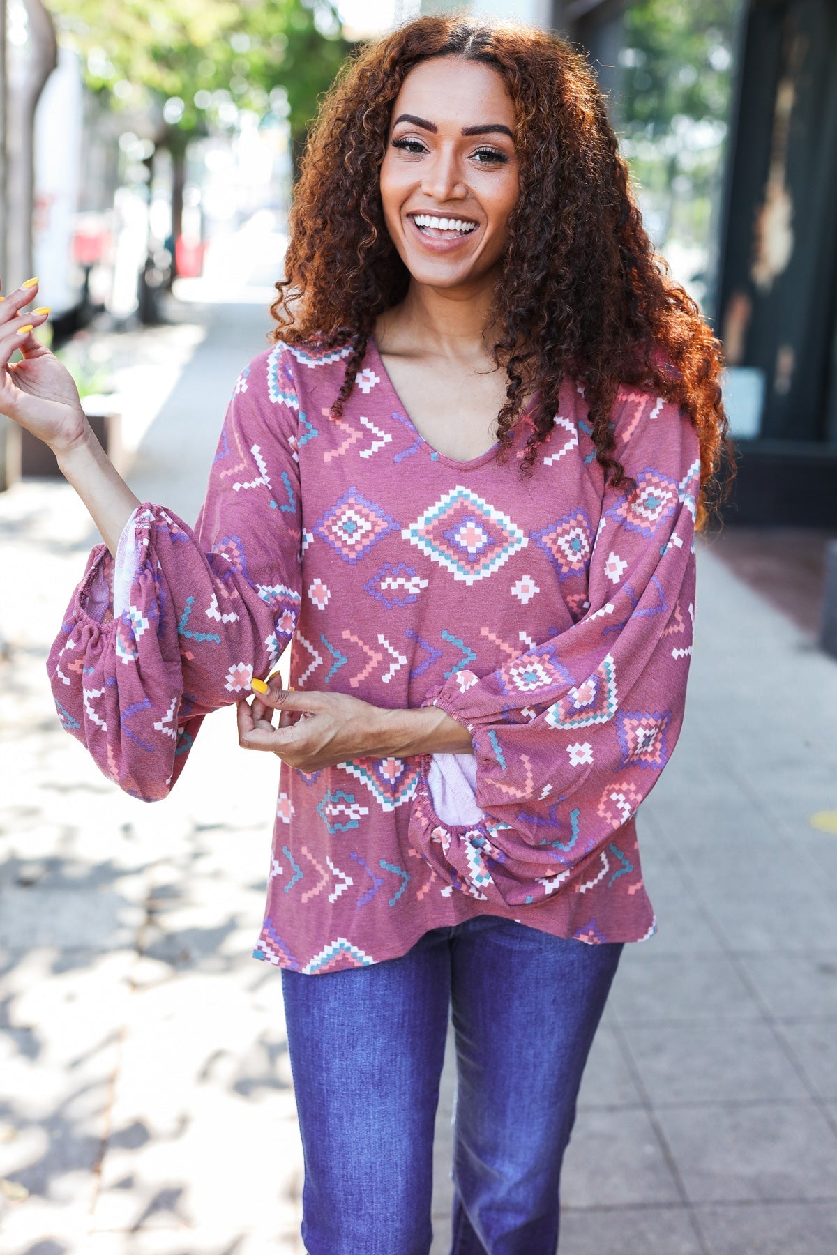 Burgundy Aztec V Neck Bubble Sleeve Top