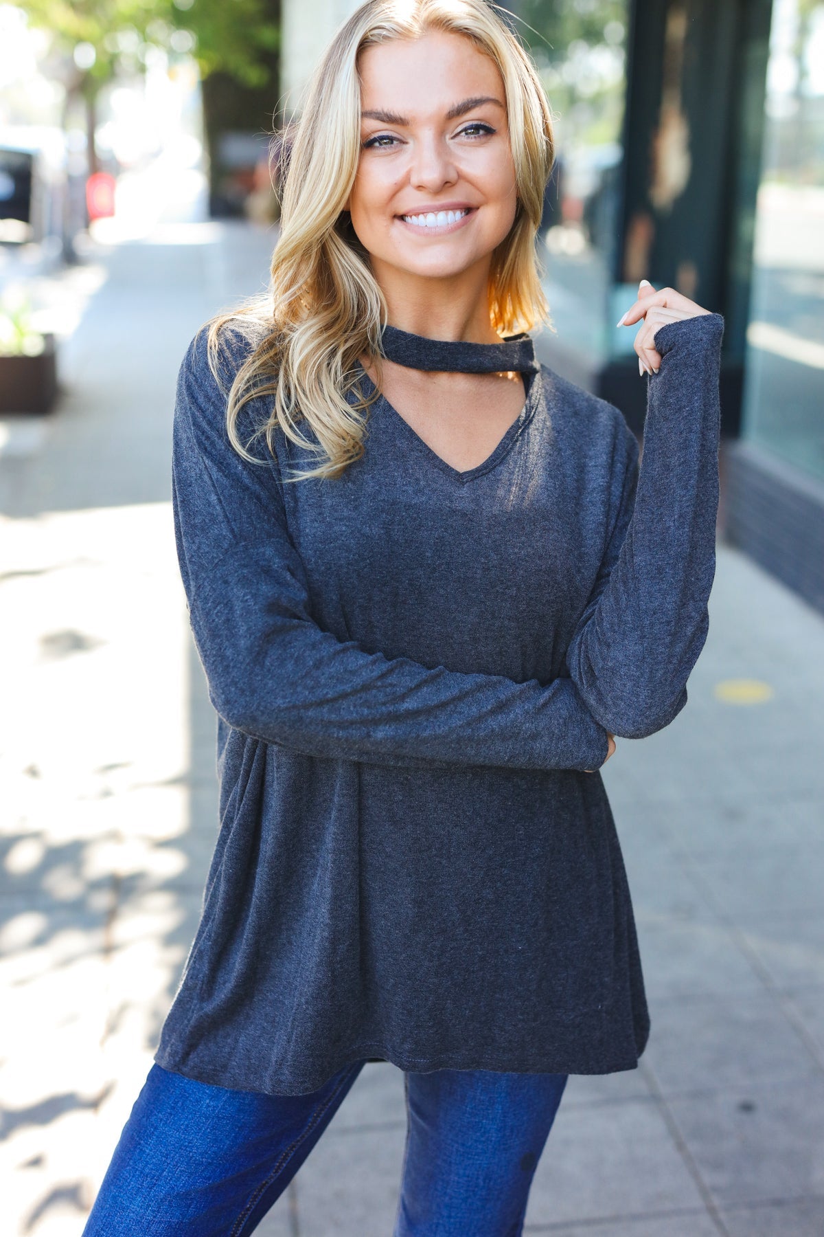 Grey Choker Cut Out Hacci Knit Top