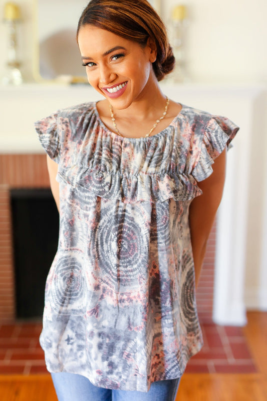 Gray & Coral Tie Dye Frilled Short Sleeve Yoke Top