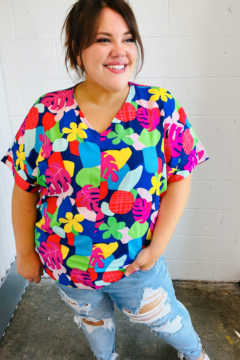 Navy Multicolor Tropical Print V Neck Top