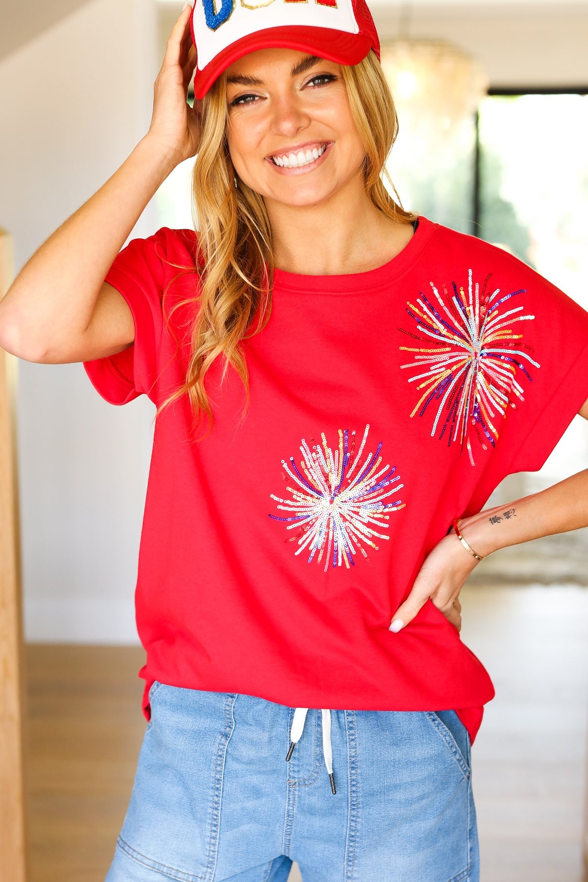 Red Sequin Firework Dolman Top