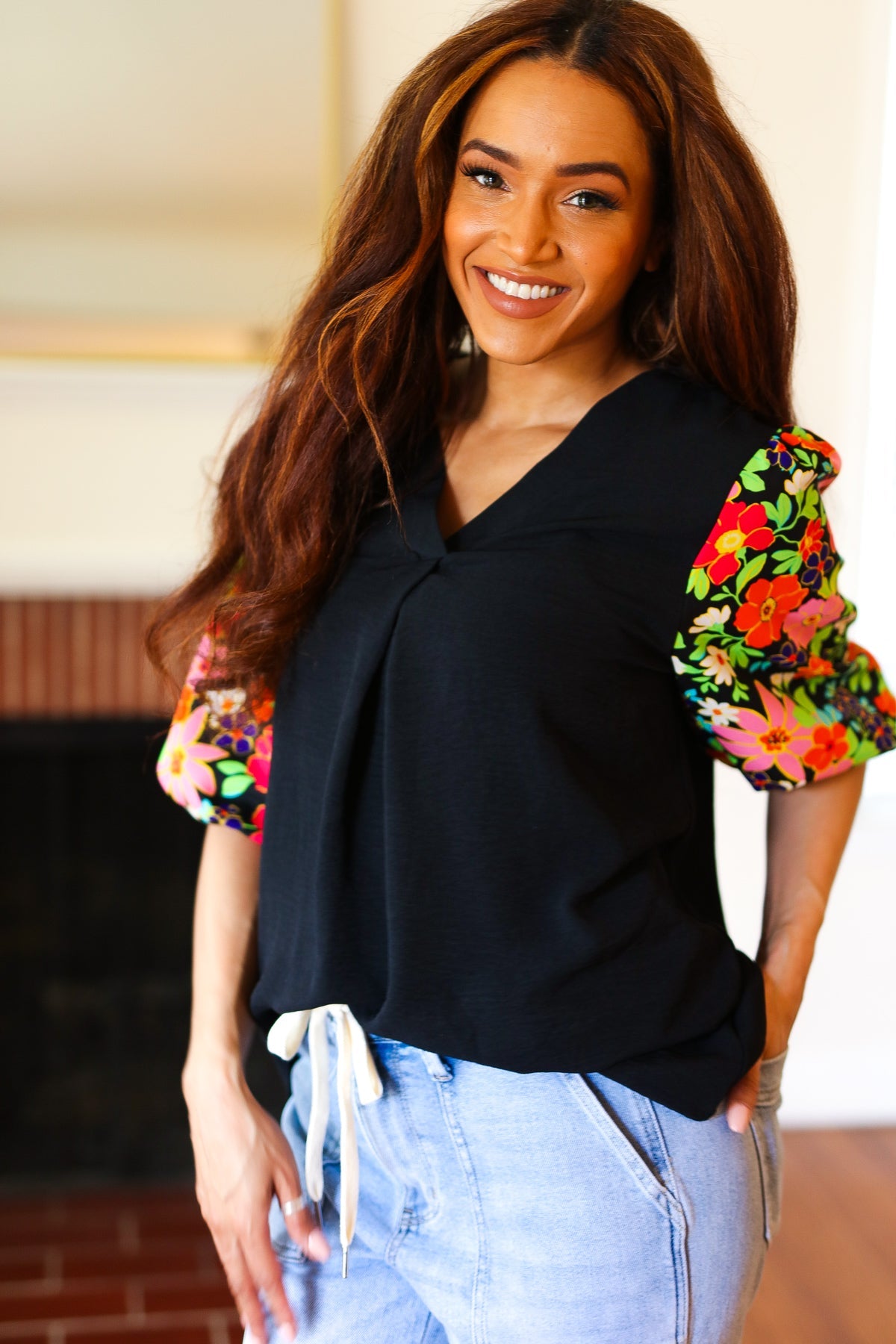 Black Floral Puff Sleeve V Neck Top