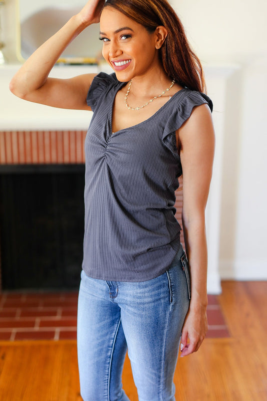 Charcoal Sweetheart Neckline Ribbed Top