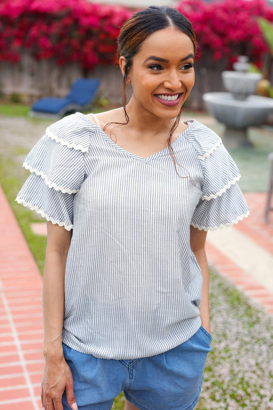 Gray Stripe Tiered Ruffle Sleeve Wavy Trim Top