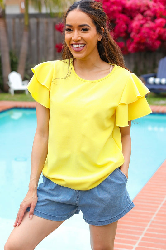 Yellow Tiered Double Ruffle Sleeve Woven Top