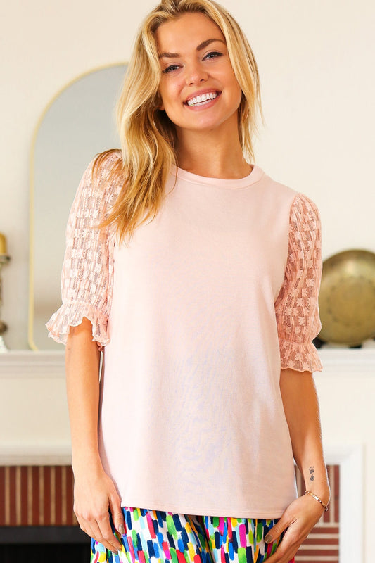 Peach French Terry Lace Sleeve Top