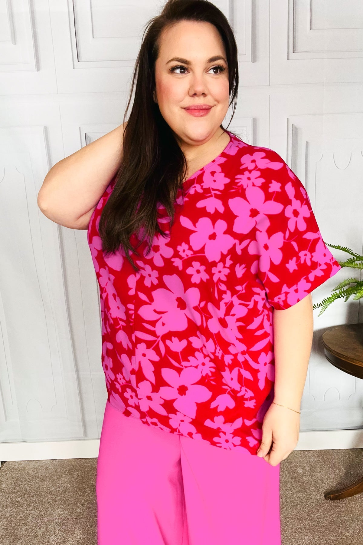 Magenta Floral V Neck Woven Top