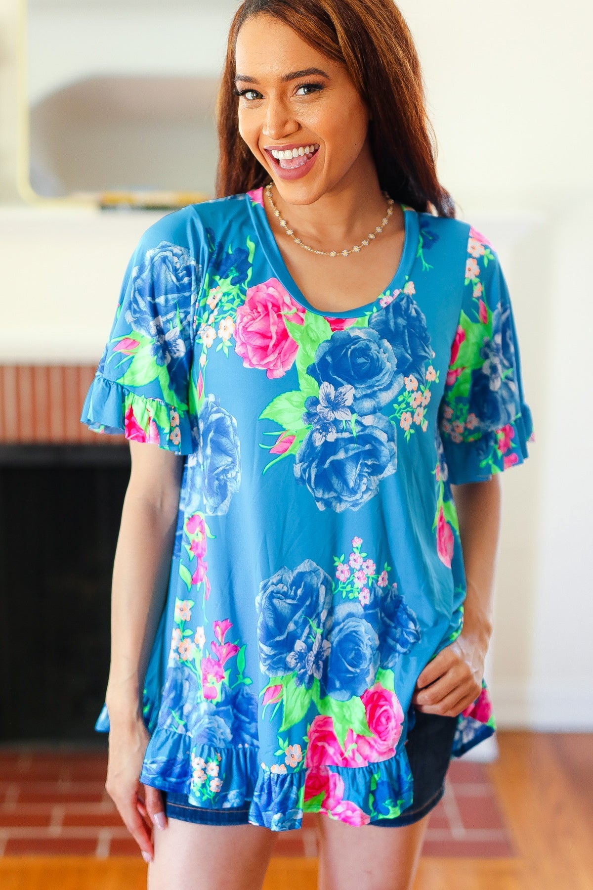 Blue Floral Ruffle Sleeve & Hem Tunic Top