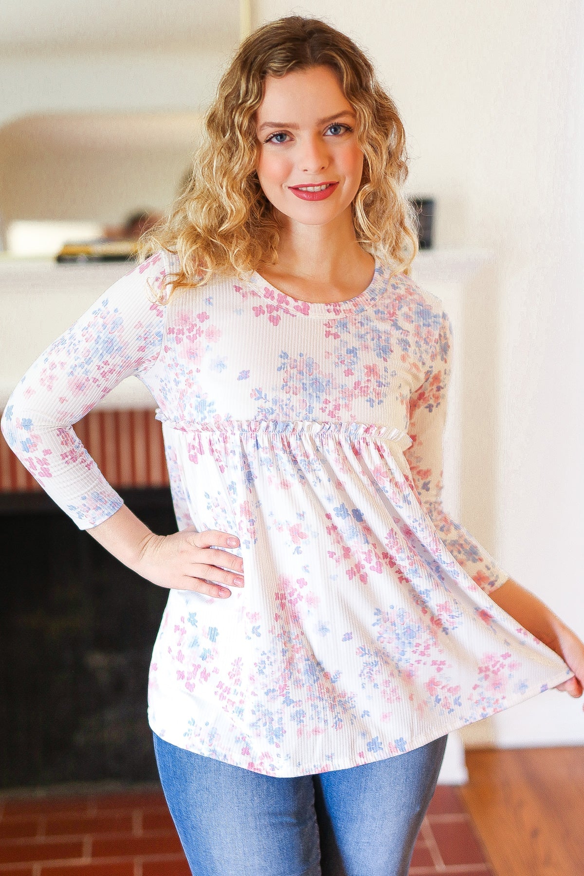Blue & Pink Floral Ribbed Babydoll Ruffle Top