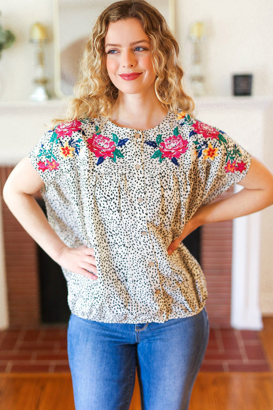 Taupe Animal Floral Embroidery Button Down Top