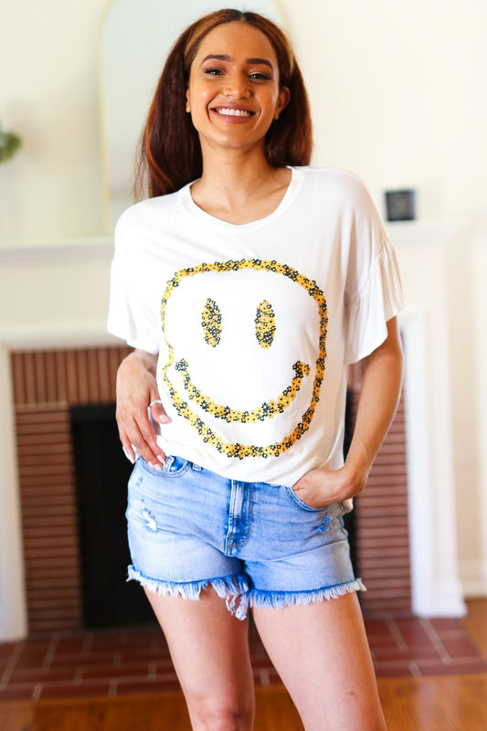 White Floral Smiley Face Flutter Sleeve Tee