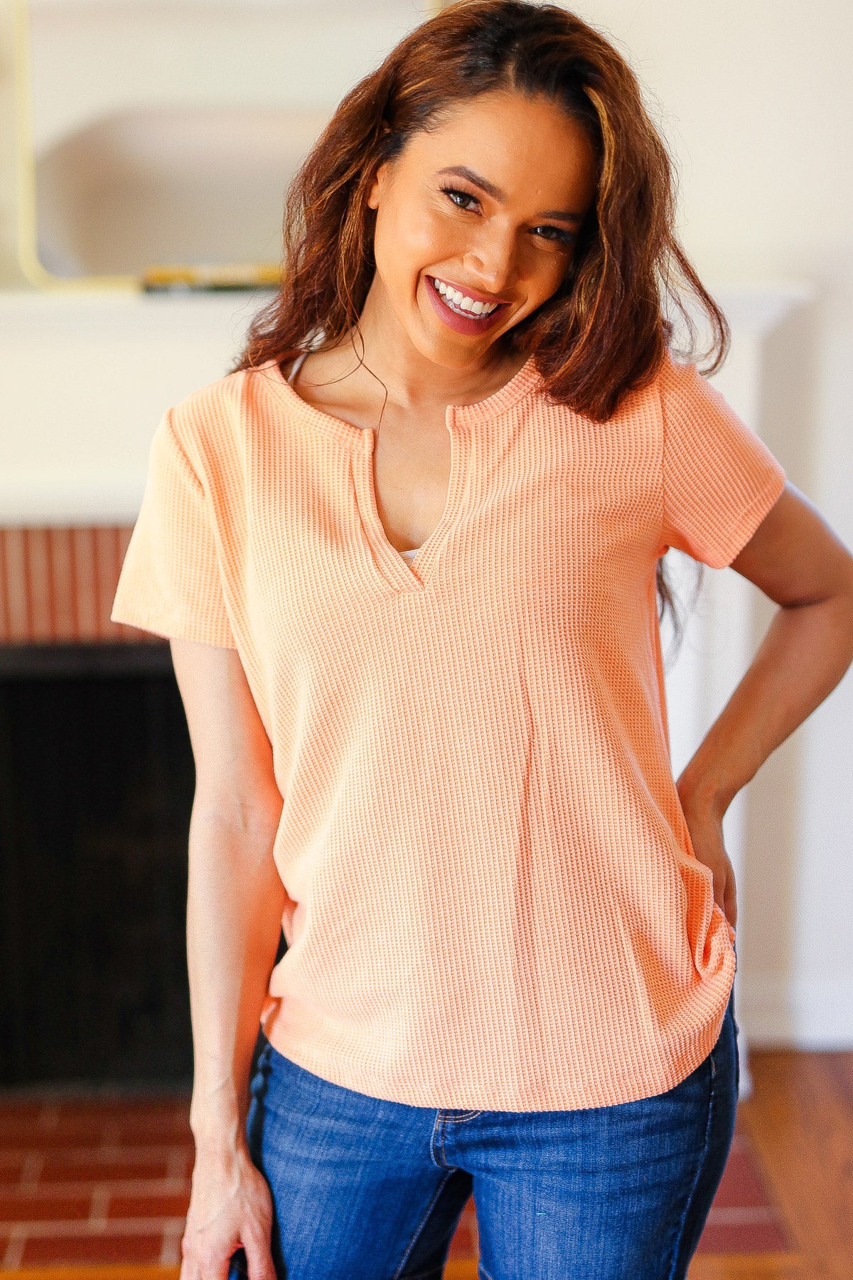 Orange Melange Baby Waffle Henley Neck Short Sleeve Top