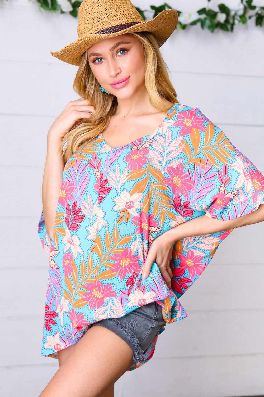 Blue Pink Tropical Floral Oversized Dolman Blouse Top