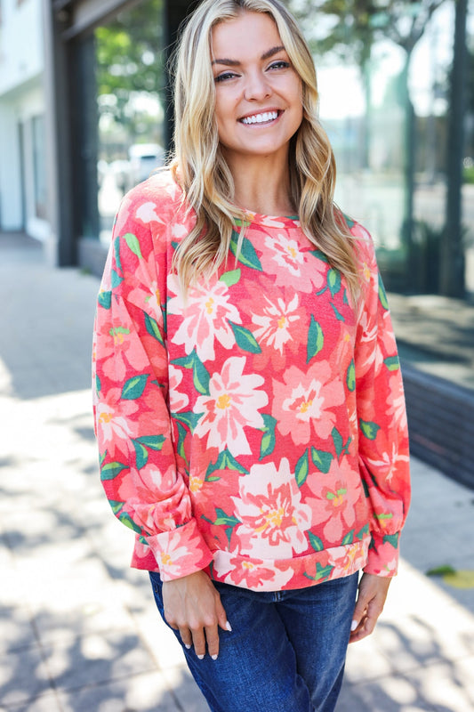 Red Floral Brushed Hacci Sweater Top