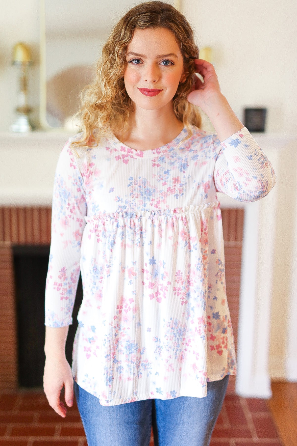 Blue & Pink Floral Ribbed Babydoll Ruffle Top