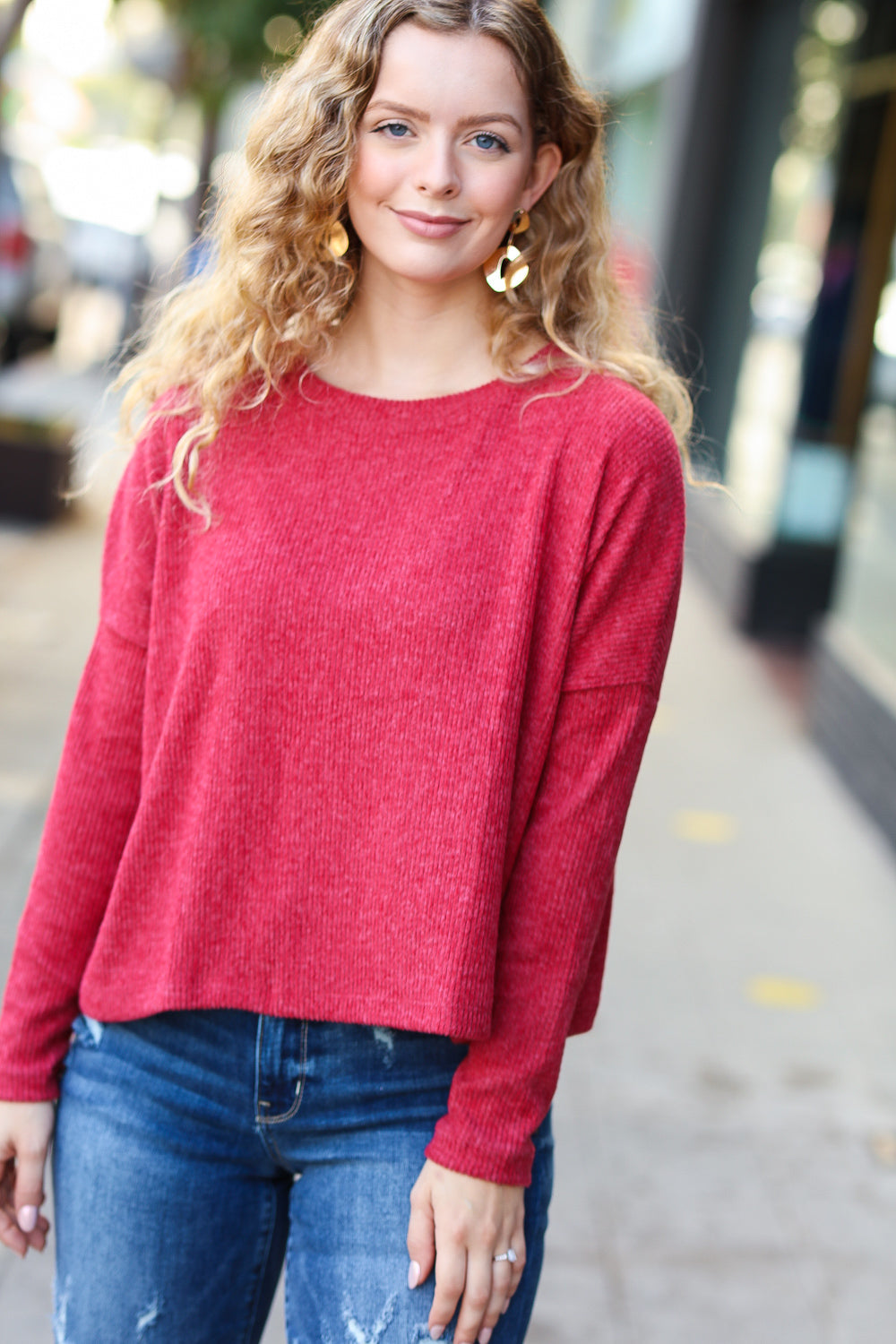 Dark Red Ribbed Dolman Long Sleeve Sweater