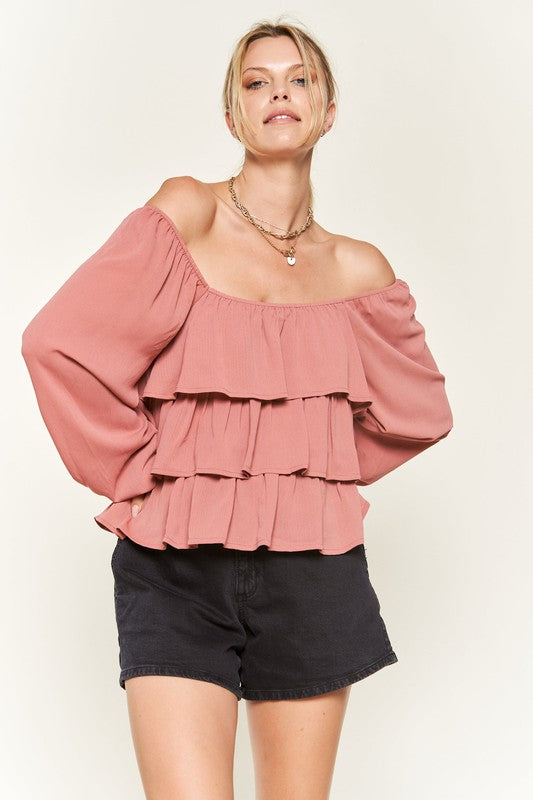 Plus Chiffon Bubble Sleeve Tiered Flounce Blouse