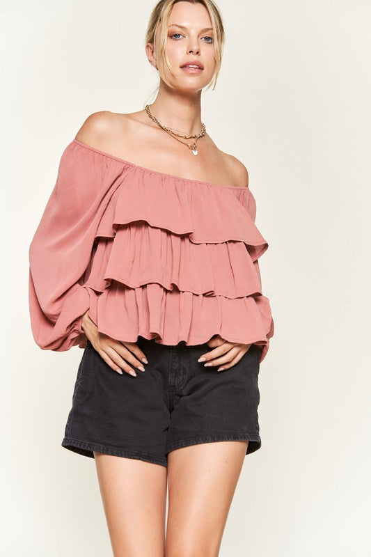 Plus Chiffon Bubble Sleeve Tiered Flounce Blouse