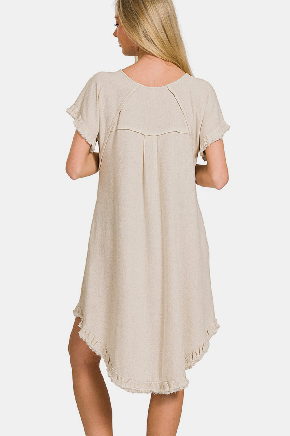 Linen Blend Fringe Edge High Low Flowy Dress