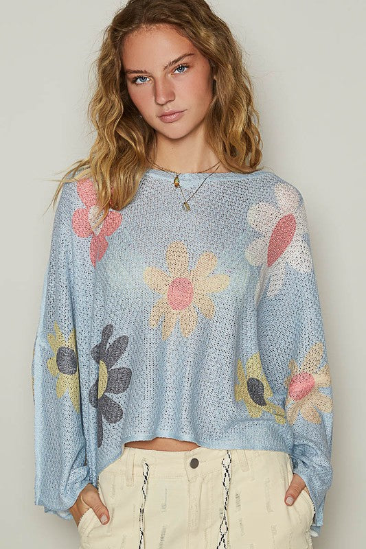 Baby Blue Flower Dropped Shoulder Cover Up Knit Top