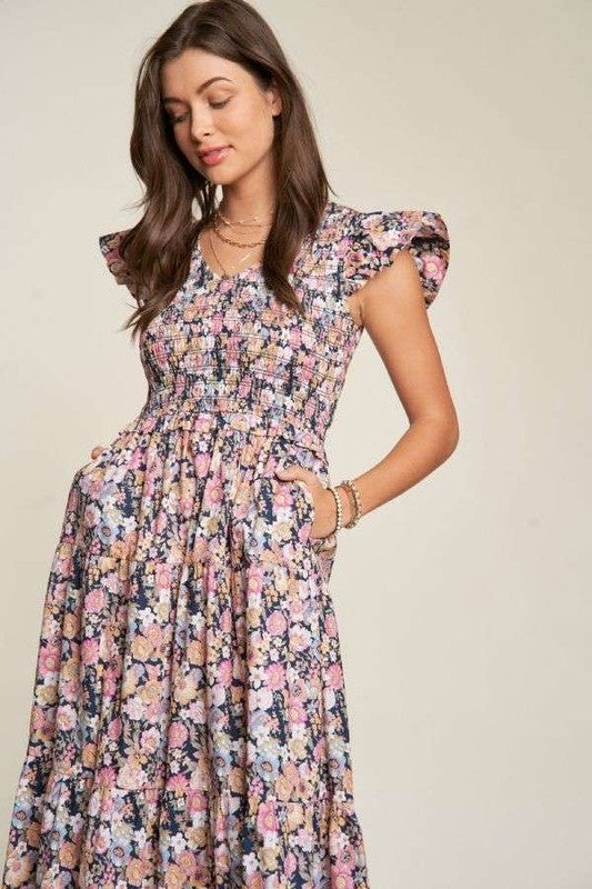 Vintage Garden Floral Flutter Sleeve Smocked Midi Dress