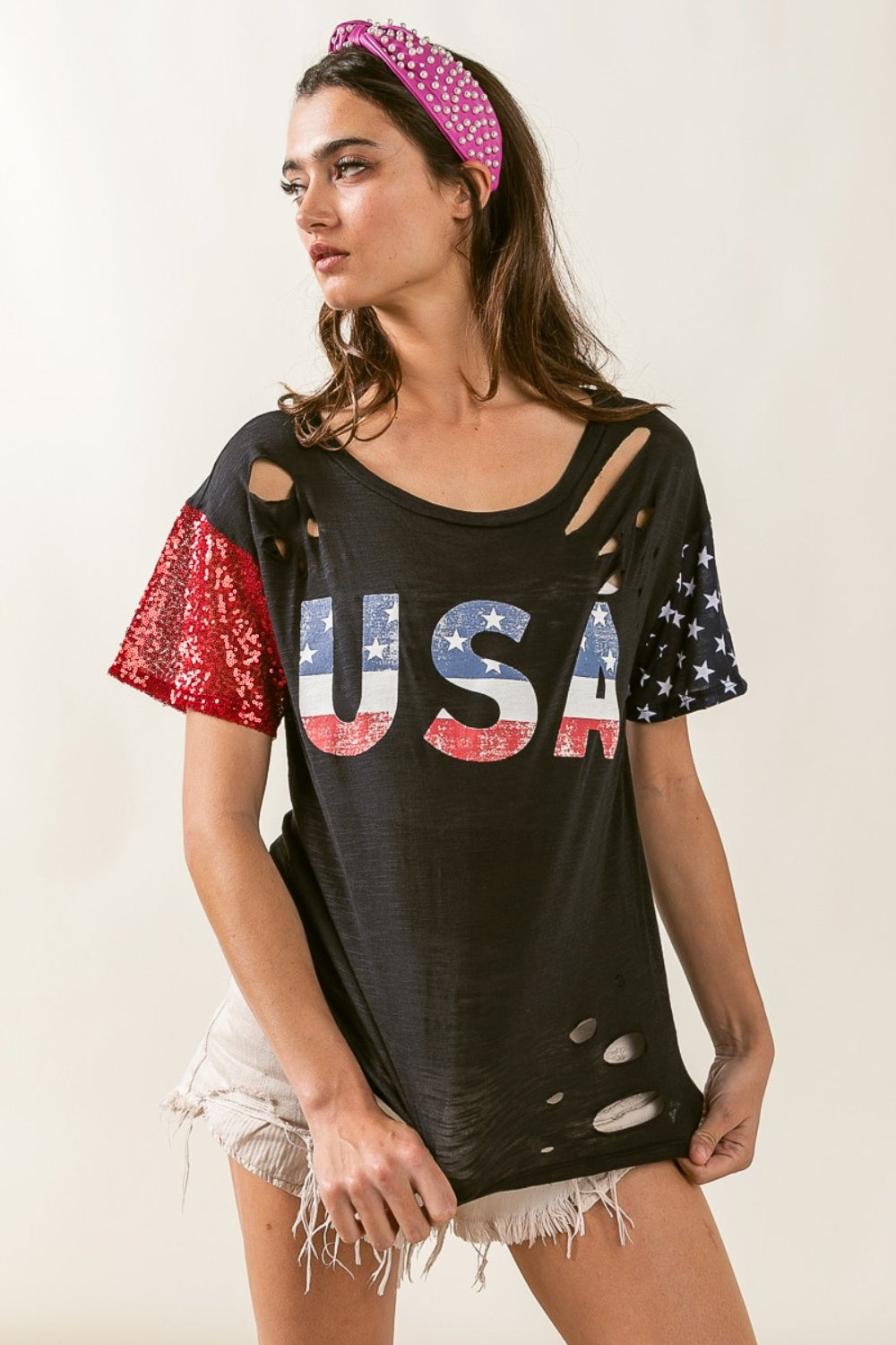 Black USA Graphic Short Sleeve Distressed T-Shirt