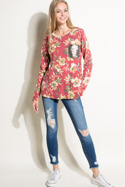 Plus Floral Sequin Pocket Long Sleeve Top