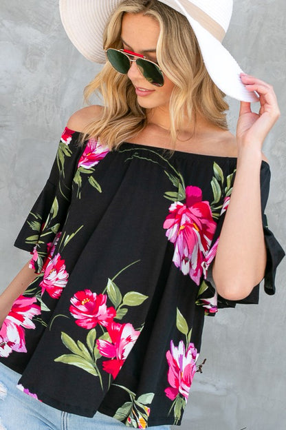 Plus Floral Off Shoulder Ruffle Sleeve Top