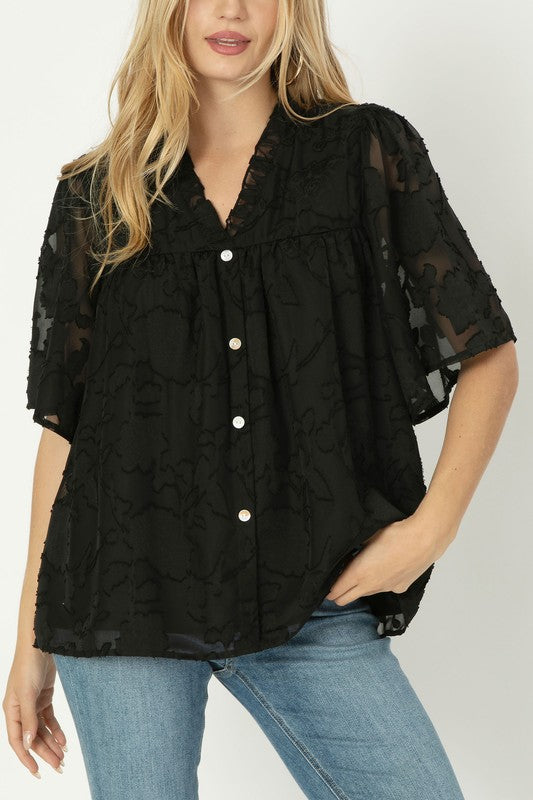 Black Jacquard Floral Button Flutter Sleeve Blouse