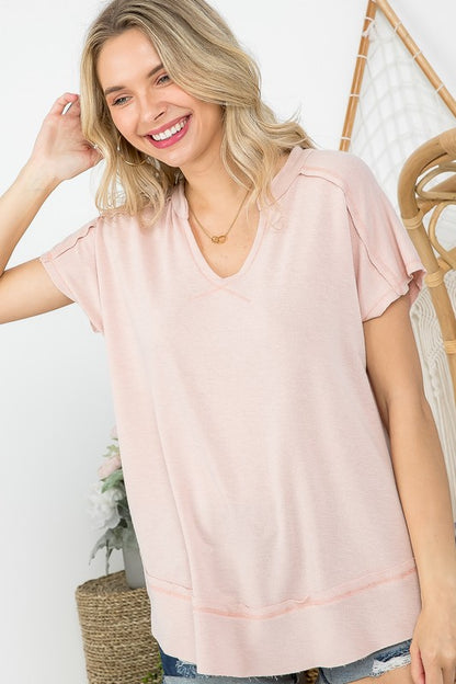 Washed Terry Reverse Stitch Notched V-Neck Tee