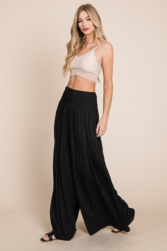 Tie Front Ruched High Waist Wide Leg Pants