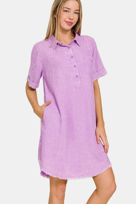 Washed Linen Raw Edge Button Down V-Neck Dress
