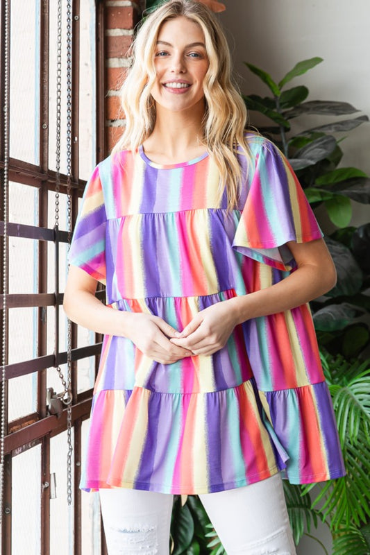 Ombre Stripe Flutter Sleeve Tiered Top