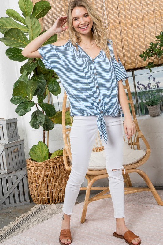 Stripe Cold Shoulder V-Neck Button Front Tie Top