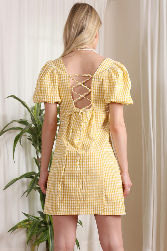 Gingham Puff Sleeve Open Strappy Back Dress