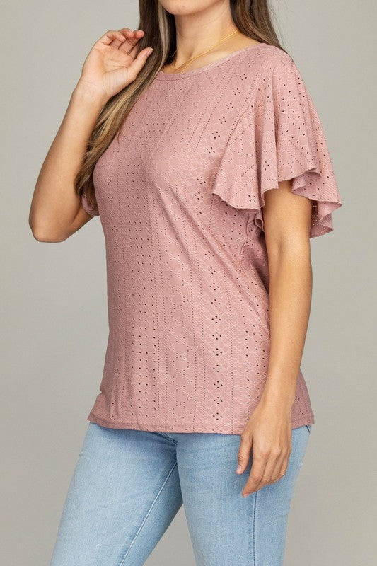 Embroidered Eyelet Flutter Sleeve Top