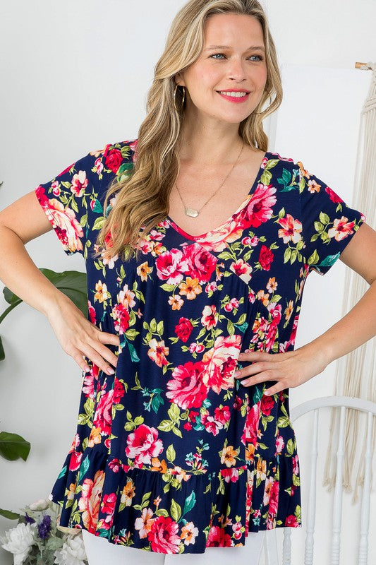 Plus Floral V-Neck Ruffle Hem Babydoll Tunic