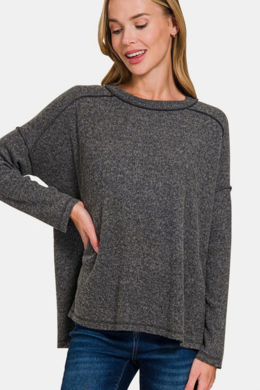 Brushed Ribbed Hacci Hi-Low Sweater