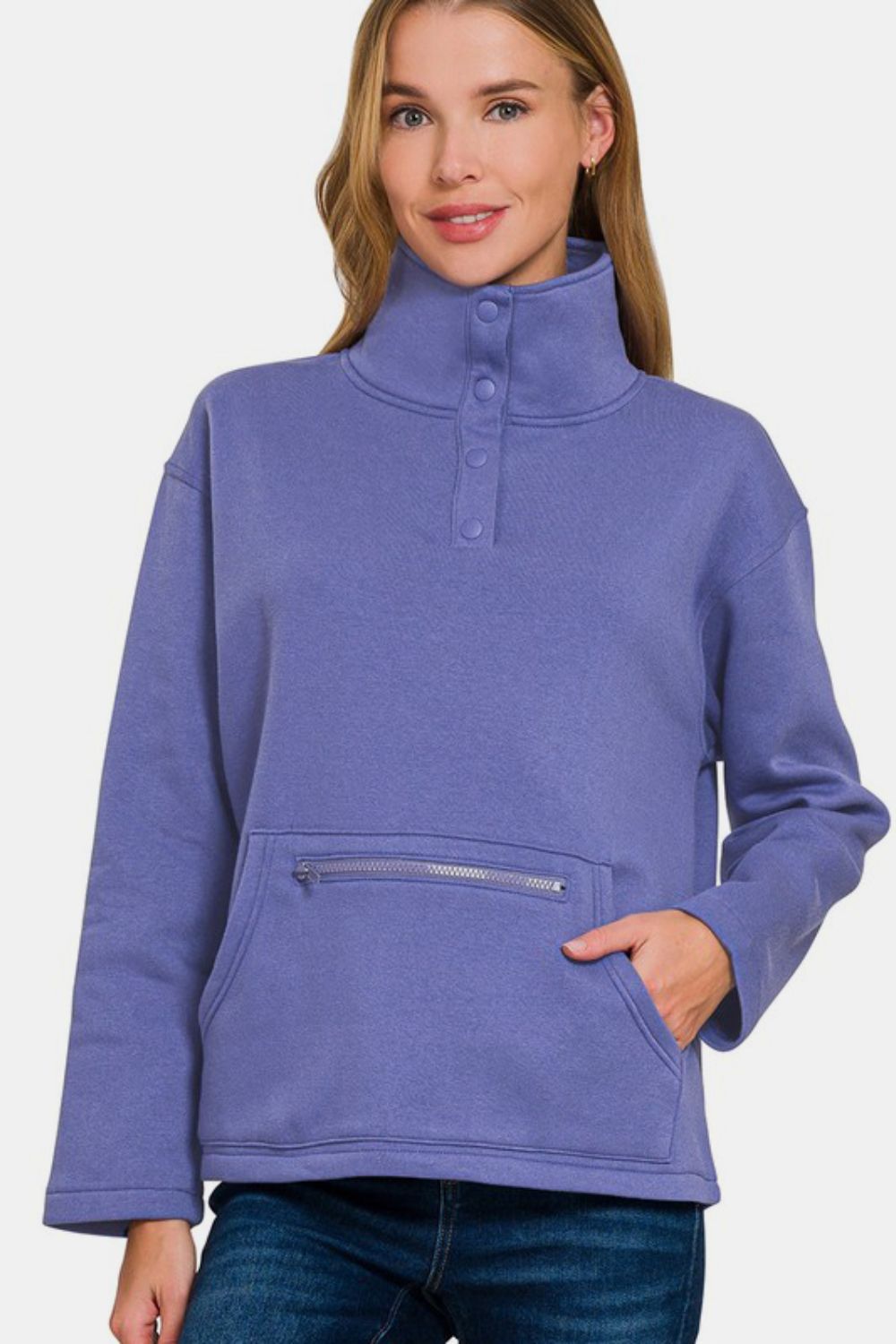 Fleece High Neck Half Snap Button Front Sweatshirt