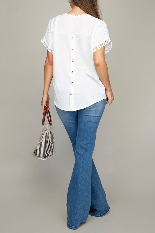 White Swiss Dot Lace Trim Blouse