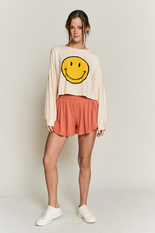 Smiley Face Long Sleeve Graphic Crop Tee