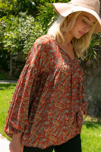 Plus Paisley Bubble Sleeve Babydoll Blouse