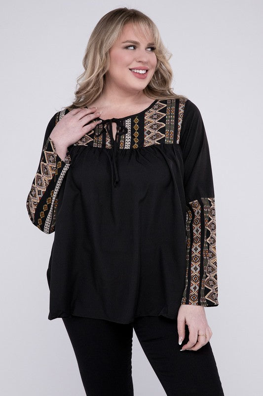 Plus Boho Patchwork Tie Neck Blouse