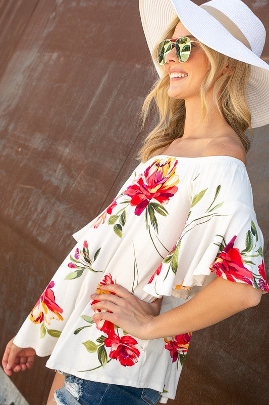 Plus Floral Off Shoulder Ruffle Sleeve Top